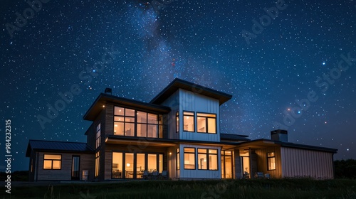 An ultra-modern home with a combination of James Hardie siding and reflective glass, under the bright stars of a clear night sky, emphasizing its modern appeal and aesthetic versatility