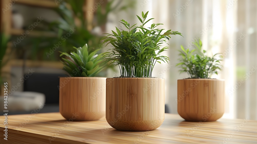 Fototapeta premium Three potted plants on a wooden table.