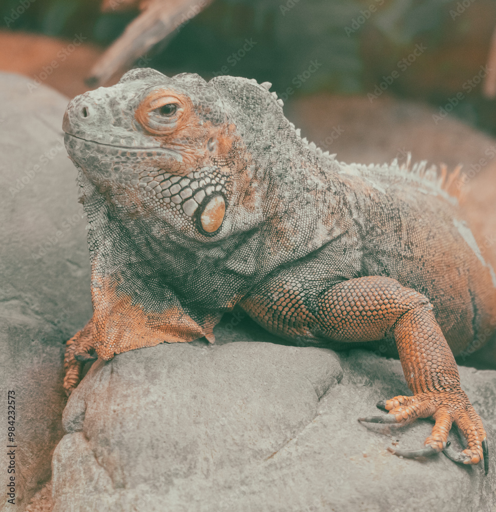 Obraz premium A lizard is laying on a rock in a zoo enclosure