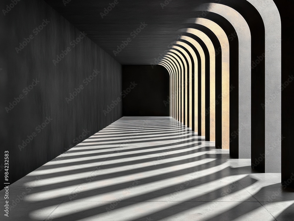 Fototapeta premium Modern Minimalist Architecture with Black Pillars and Geometric Patterns Creating Sleek Shadows in Soft Illumination
