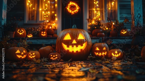 A cozy Halloween scene with glowing string lights, various pumpkins, and spooky Jack-o'-Lanterns arranged on a porch, creating a warm, festive atmosphere under a dark, starry sky