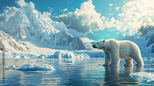 A majestic polar bear stands on ice amidst a serene, snowy landscape, reflecting the beauty of its Arctic habitat under a bright sky.