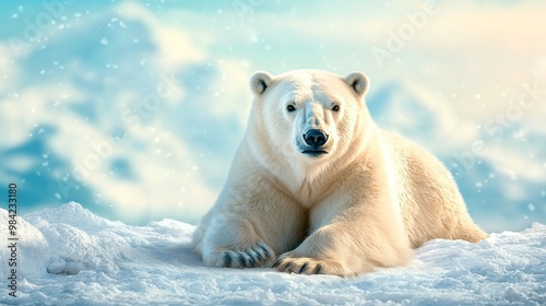 A majestic polar bear rests on a snowy landscape, surrounded by a serene winter environment with soft light and distant clouds.