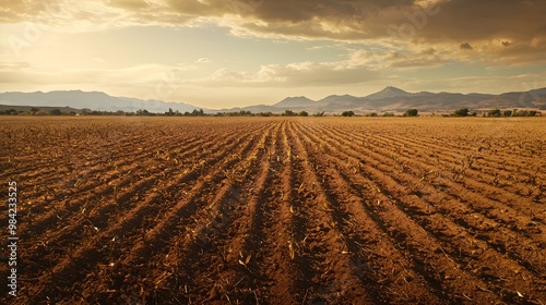 Plowed Field with Mountain Background at Sunset.