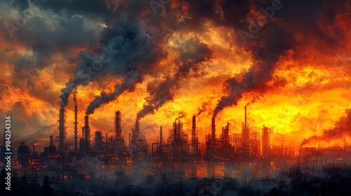 A dramatic industrial landscape at sunset, showcasing smokestacks emitting thick smoke against a vibrant orange sky.