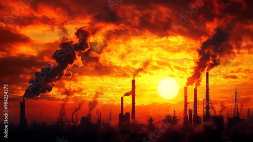 A dramatic sunset over industrial smokestacks, highlighting pollution through smoke against a colorful sky.