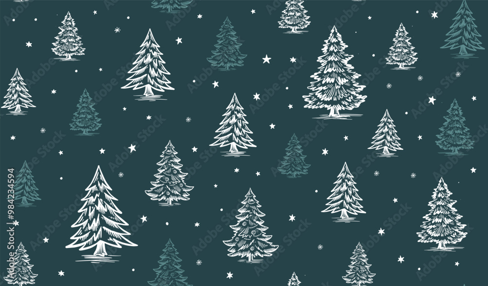 Obraz premium Christmas pattern with tree on blue, hand drawn illustrations