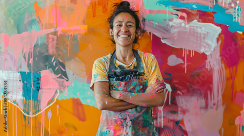 A person standing in front of a newly painted mural, with paint-stained clothes and a beaming expression of accomplishment and pride. photo