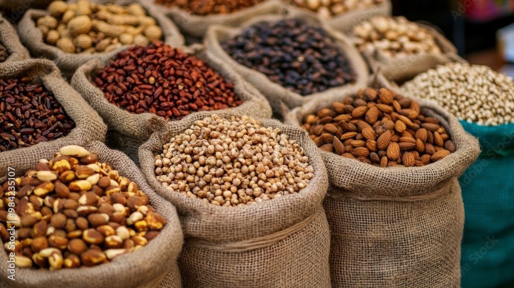 Obraz premium Assorted Nuts and Seeds in Burlap Bags at Market
