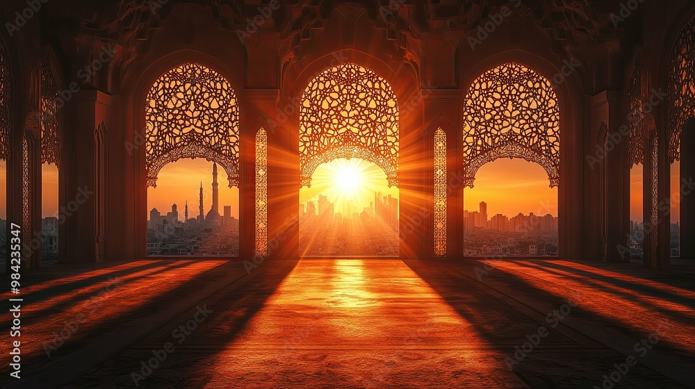 Sun Shining Through Intricate Arches of a Mosque Overlooking a Cityscape Sun Shining Through Intricate Arches of a Mosque Overlooking a Cityscape