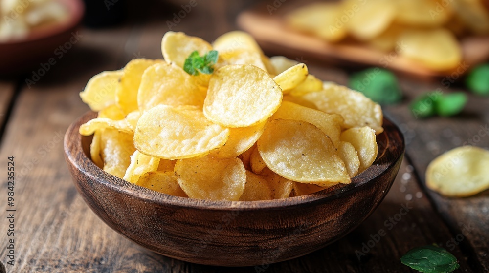 Potatoes chips in bowl good for snack for beer or ale on a natural wooden table. Good for beer festival, pub, restaurant advertising. Potatoes chips in bowl good for snack for beer or ale on a natural wooden table. Good for beer festival, pub, restaurant advertising.