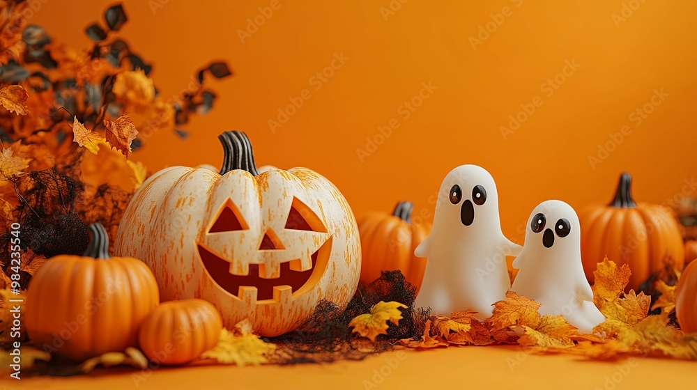 Jack-o'-Lantern and Ghosts Surrounded by Autumn Leaves Jack-o'-Lantern and Ghosts Surrounded by Autumn Leaves