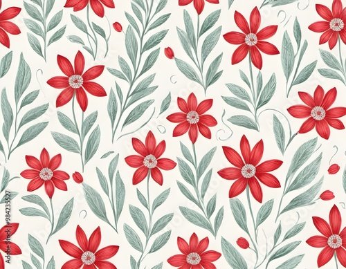 red floral pattern featuring flowers and leaves on a soft pink background, ideal fabric or wallpaper