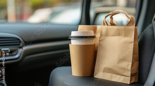 Coffee cup and paper bag on the front car seat. photo