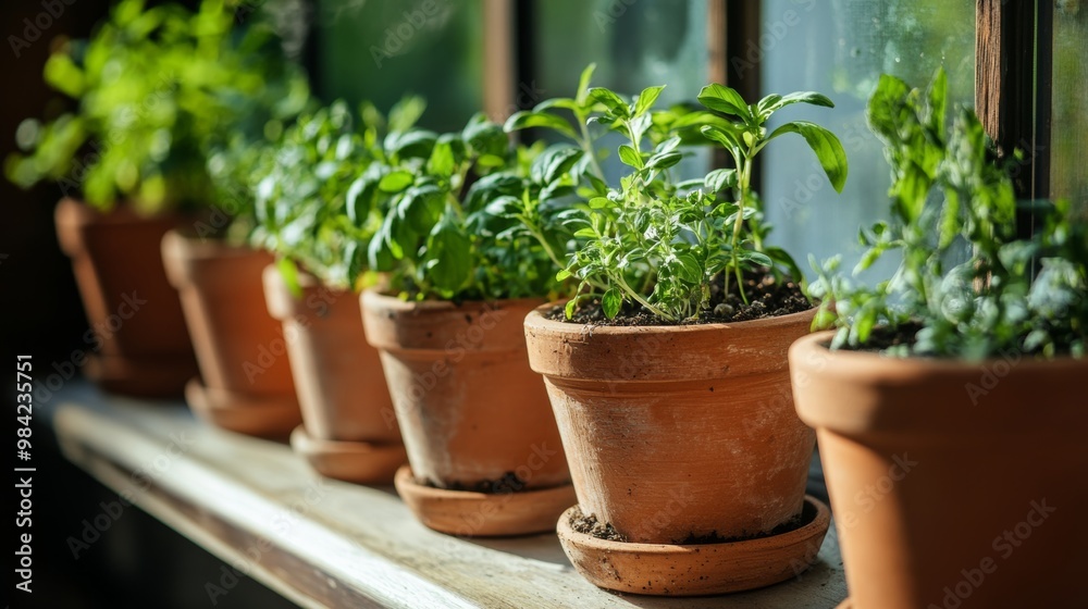 Fresh Herbs Growing in Terracotta Pots by Window Fresh Herbs Growing in Terracotta Pots by Window