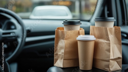 Three paper bags and coffee cups on a car seat photo