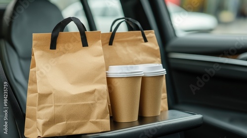 Two paper bags and coffee cups on car armrest photo