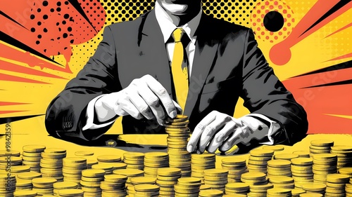 Businessman Stacking Gold Coins in Pop Art Style