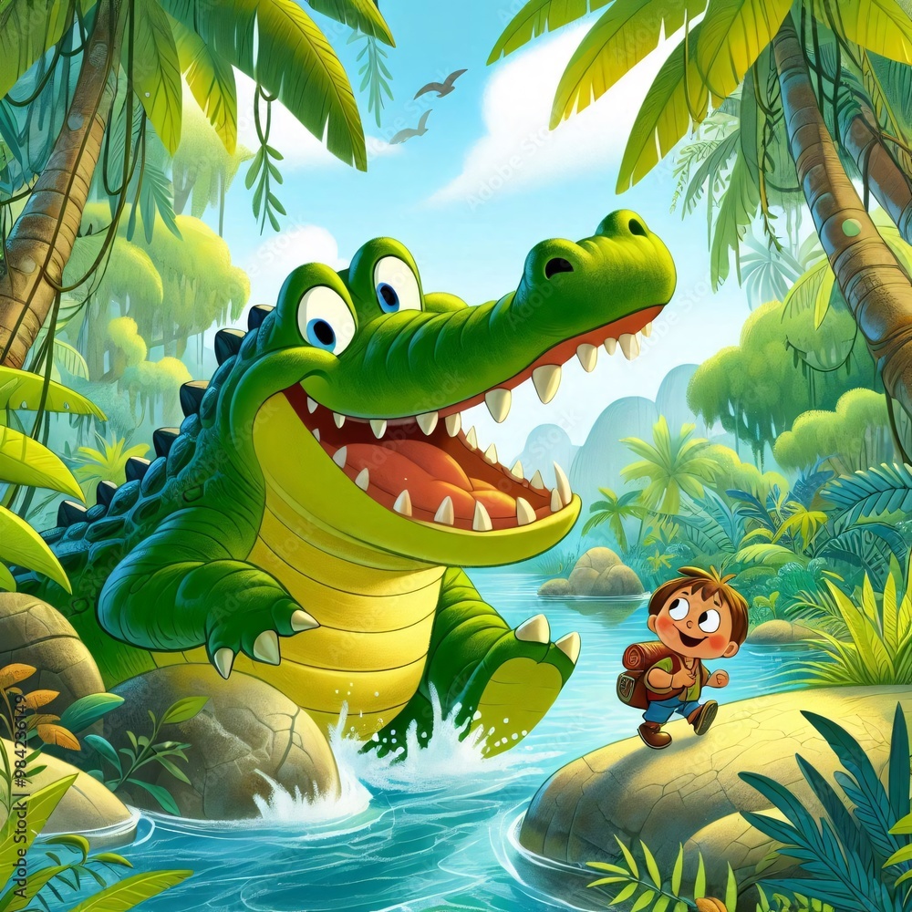 Naklejka premium Adventurous Alligators: A Family Journey Through the Jungle