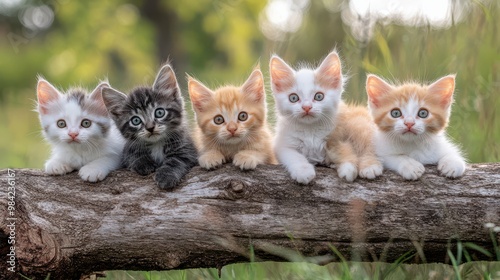 Five adorable kittens on a log in a sunny green setting