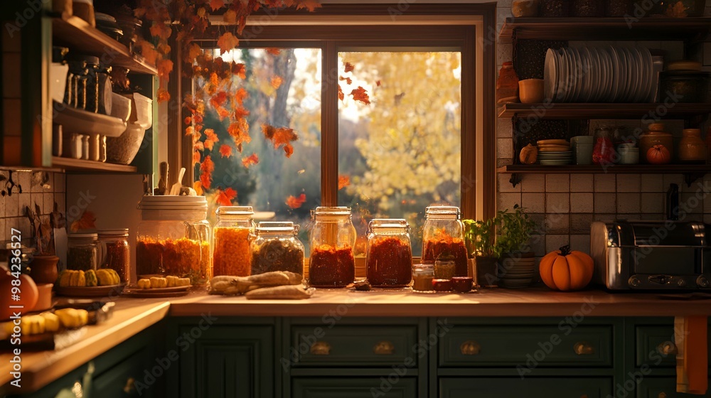 A kitchen with a window and a view of the fall leaves outside A kitchen with a window and a view of the fall leaves outside