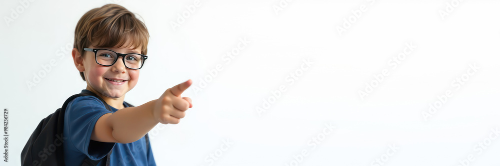 banner little boy (10 years old, smile, looking at camera, deep blue t-shirt, glasses, backpack), pupil points with her finger to the side on white background, hand pointing empty place banner little boy (10 years old, smile, looking at camera, deep blue t-shirt, glasses, backpack), pupil points with her finger to the side on white background, hand pointing empty place