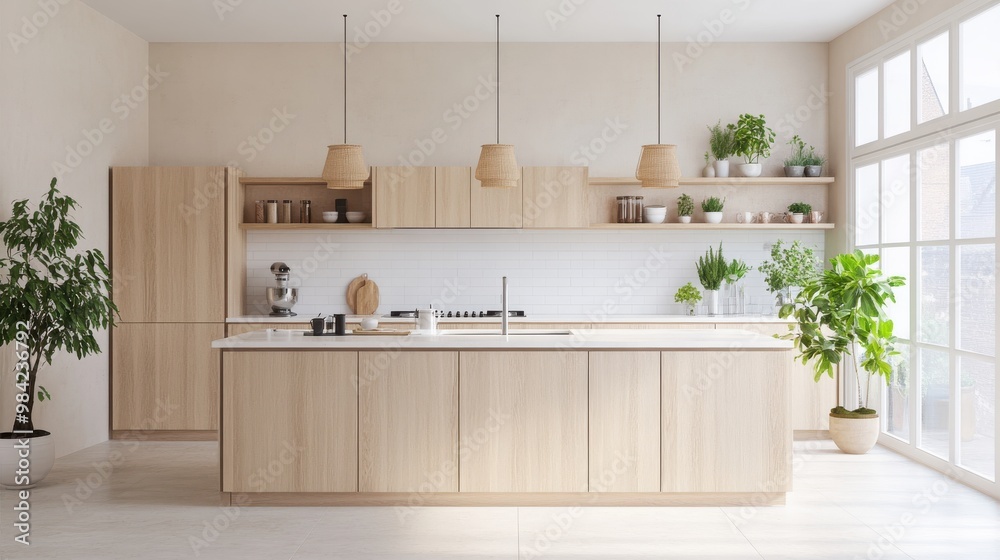 A minimalist kitchen featuring a central island with light wood accents and a white subway-tiled A minimalist kitchen featuring a central island with light wood accents and a white subway-tiled
