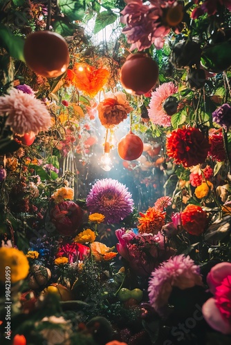 Low-angle view of a vibrant garden of edible flowers and fruits, magical lighting creating an enchanting atmosphere for culinary delights photo