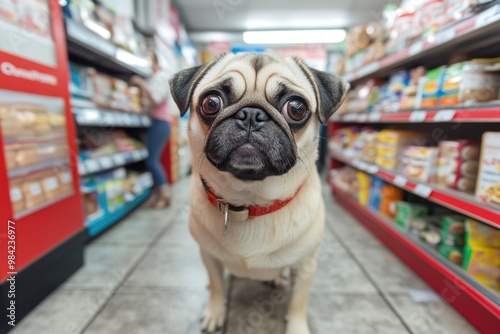 Pug dog sitting in grocery store aisle with pet products.