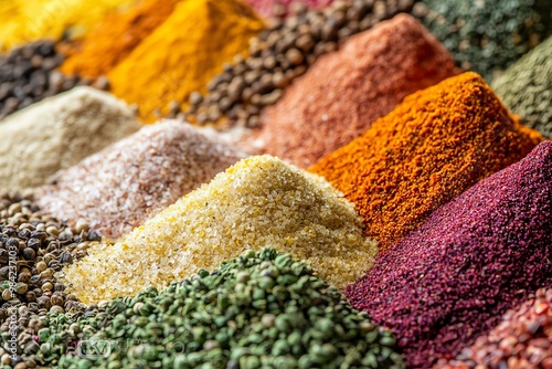 Low-angle view of vibrant spices, showcasing their textures and colors, macro photography captures culinary arts uniquely