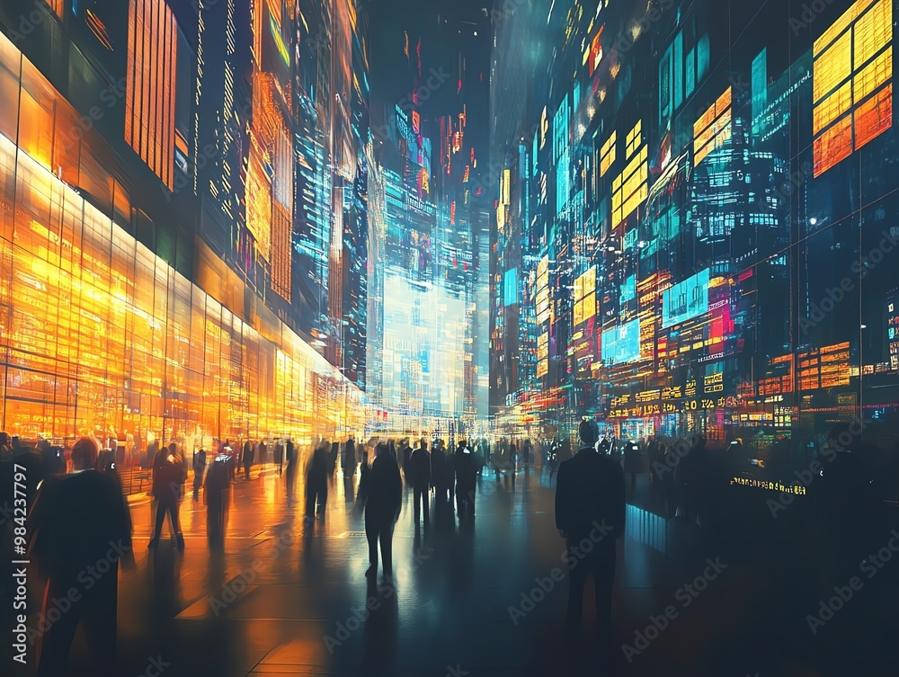 Panoramic view of a vibrant stock market revolution, futuristic technology interwoven with bustling traders, dynamic energy in the air Panoramic view of a vibrant stock market revolution, futuristic technology interwoven with bustling traders, dynamic energy in the air