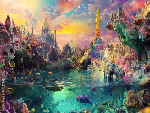 Panoramic view of a surreal landscape blending vibrant scientific discoveries and mythical creatures, vivid colors, dreamlike atmosphere photo