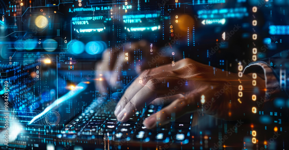 Programmer on Laptop Writing Code for Big Data Management, Digital Software Development: Virtual Interface, Data Mining, Computer Programming Concept Programmer on Laptop Writing Code for Big Data Management, Digital Software Development: Virtual Interface, Data Mining, Computer Programming Concept