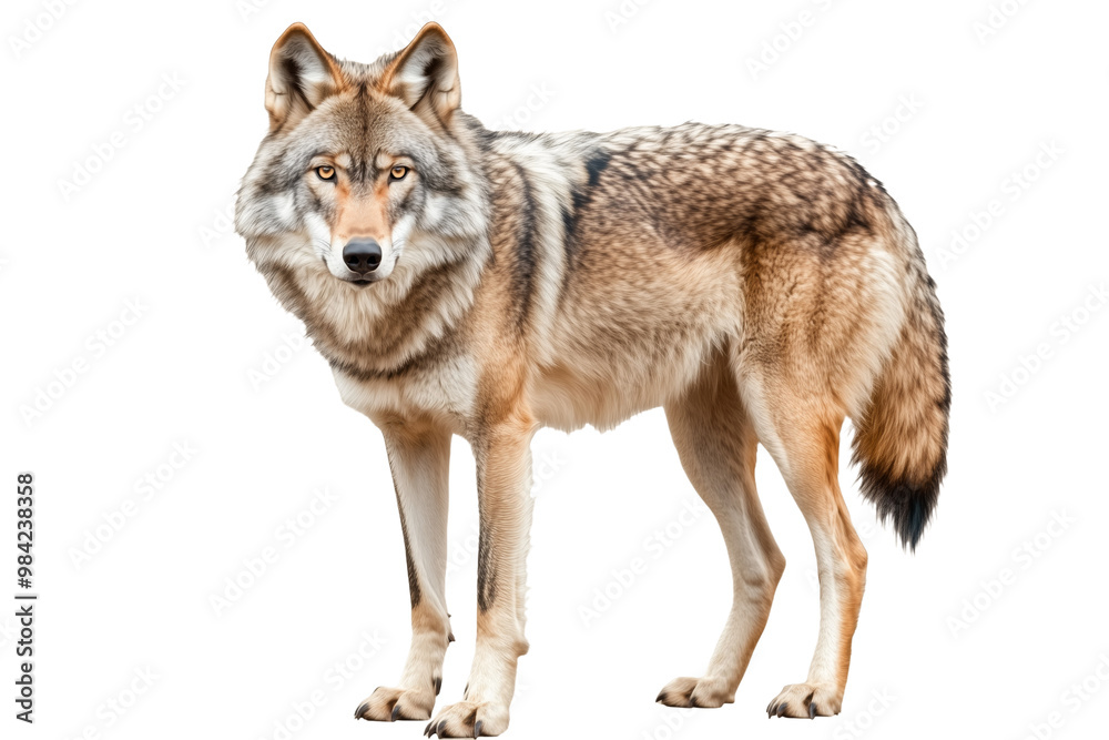 A full-body of a wolf standing alert, showing its detailed fur pattern and intense gaze, isolated on a transparent background, PNG A full-body of a wolf standing alert, showing its detailed fur pattern and intense gaze, isolated on a transparent background, PNG