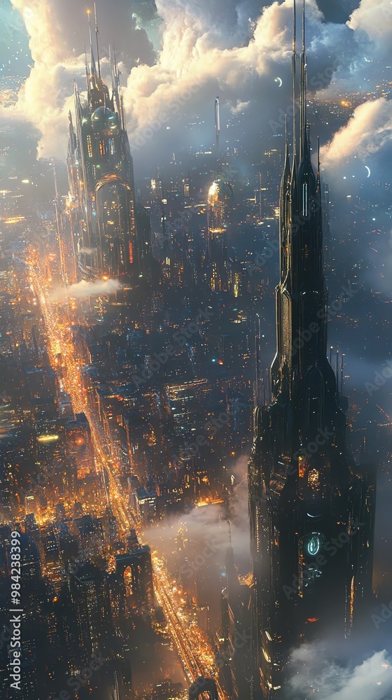 Side view of a fantastical city skyline, blending vibrant magical realms with gritty urban landscapes, drone perspective Side view of a fantastical city skyline, blending vibrant magical realms with gritty urban landscapes, drone perspective