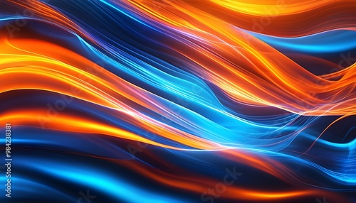 Vibrant flowing wave of colorful light with striking blue and orange stripes