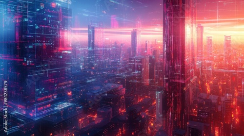 Futuristic Cyberpunk City Skyline At Sunset