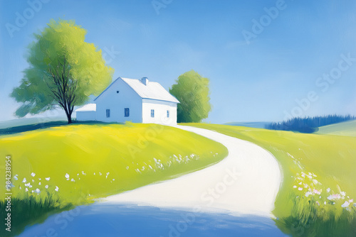 Impressionistic landscape of a white house with a winding path, set in a sunny green meadow with a bright blue sky, evoking peaceful rural life.