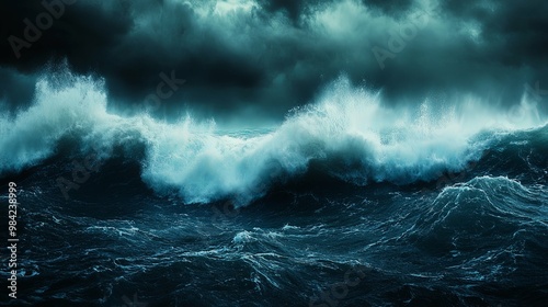 Stormy Sea with Large Waves Crashing Under Dark Clouds