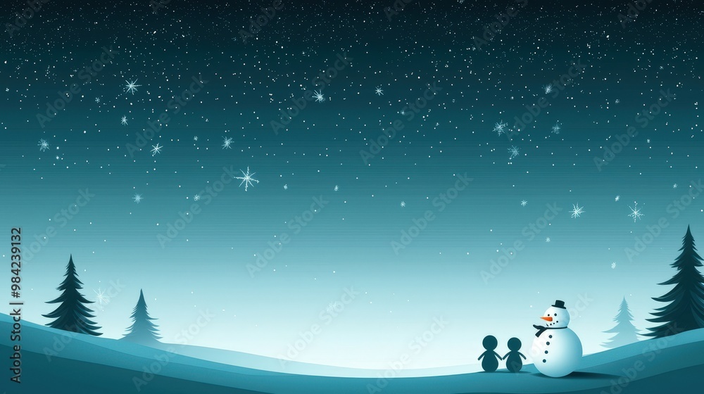 A snowy landscape with a snowman and two people A snowy landscape with a snowman and two people