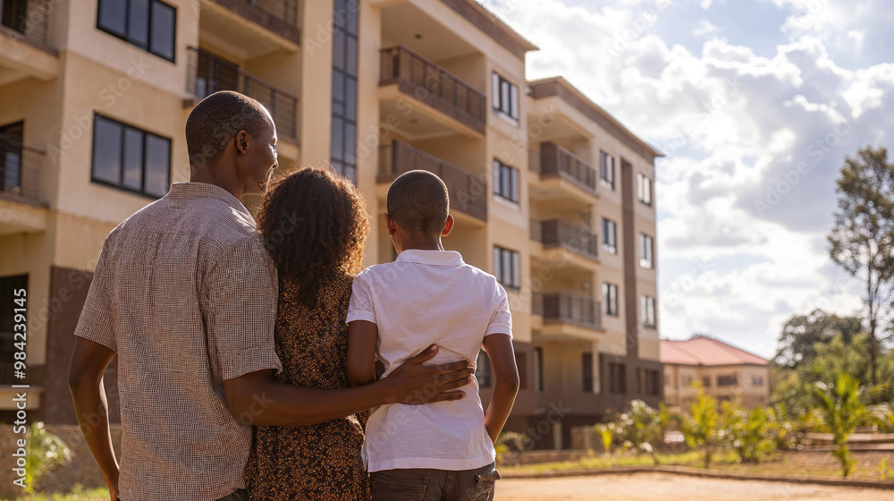 Happy african family looking at their new apartment building Happy african family looking at their new apartment building