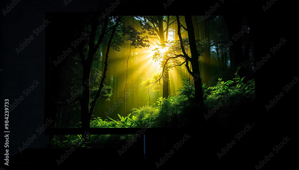 A dark, moody forest scene with lush greenery and a glowing A dark, moody forest scene with lush greenery and a glowing