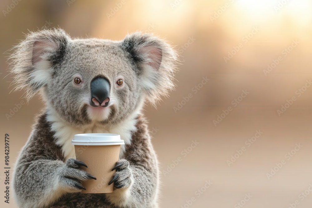 Koala holding a coffee cup, blurred nature background Koala holding a coffee cup, blurred nature background