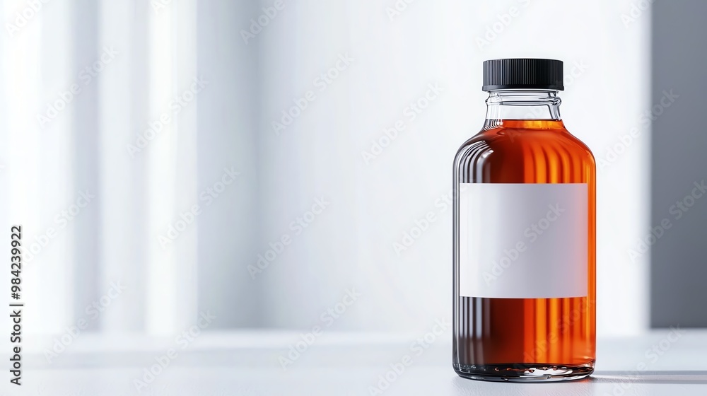 Brown glass bottle with blank label, white isolate background