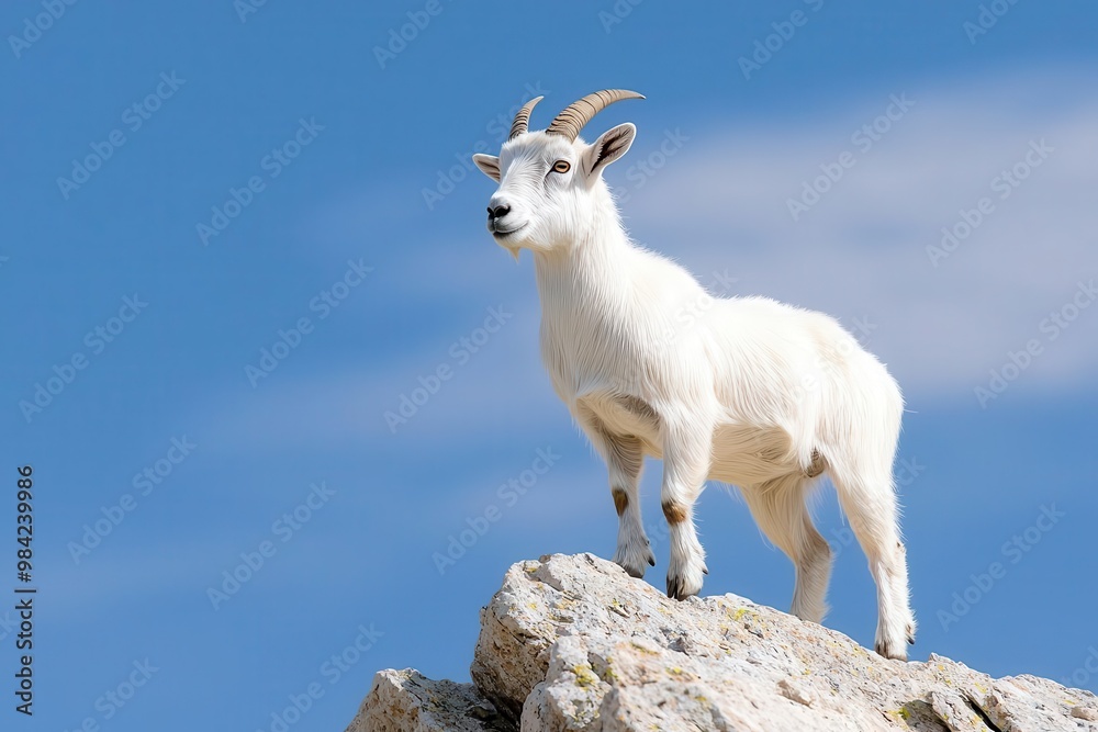 Mountain goat standing proudly on a rock against blue sky. Mountain goat standing proudly on a rock against blue sky.