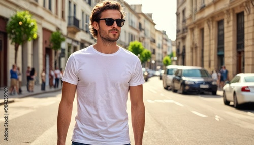 Stylish Man Walking in City: A young man in a simple white t-shirt and sunglasses walks confidently down a bustling city street, showcasing a minimalist yet cool urban style. 