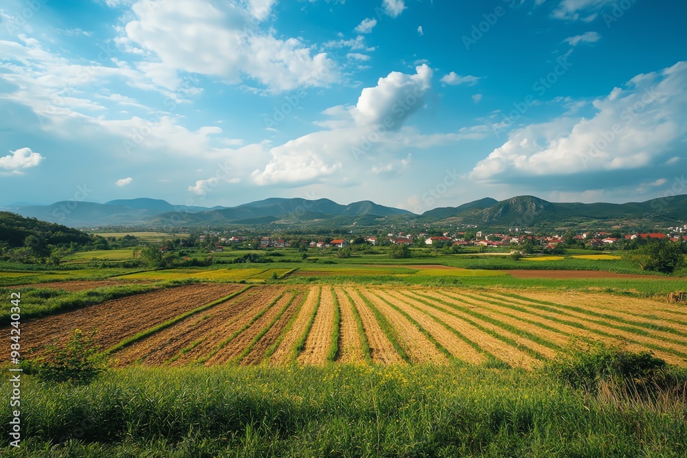 Fototapeta premium Rural landscape with fields and mountains