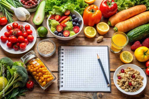 Fresh Healthy Food Balanced Diet Plan on Table with Copy Space