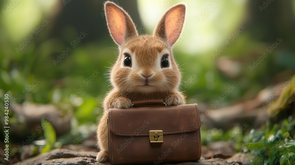 Fototapeta premium Rabbit with a briefcase in a forest setting