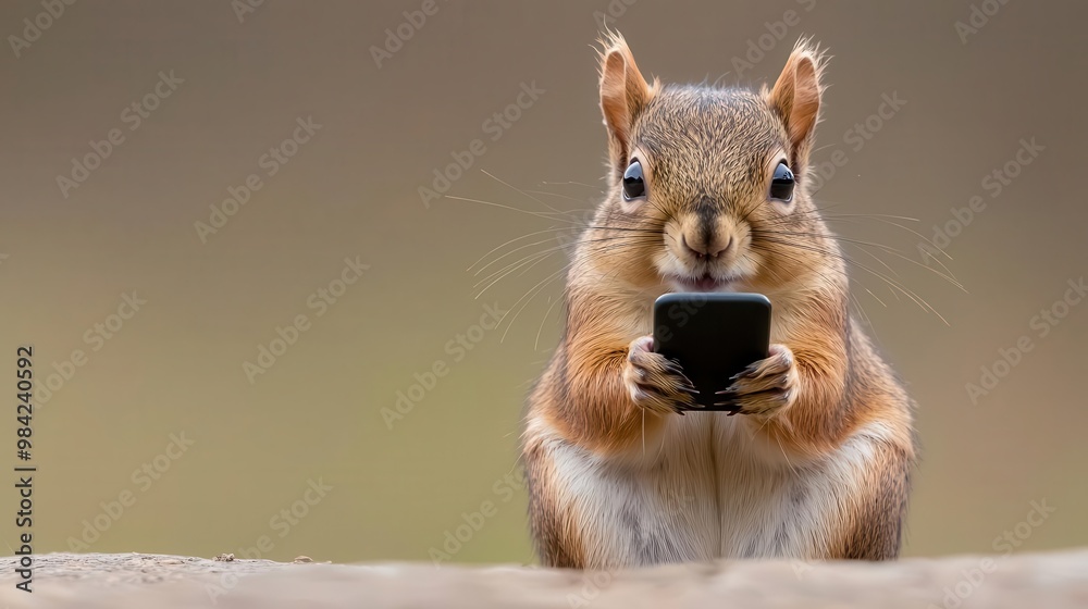 Obraz premium Squirrel holding smartphone, brown fur, white isolate background